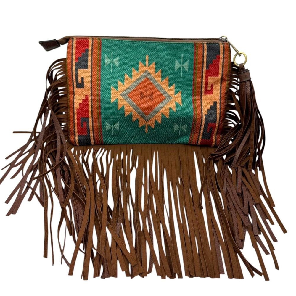 Aztec Geometric Woven Canvas Fringe Clutch Bag Southwest Festival Western Boho